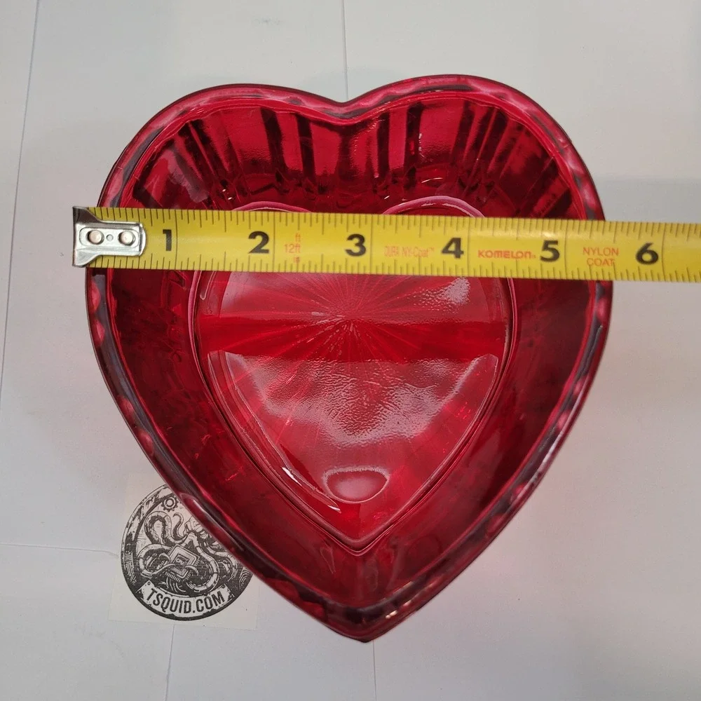 Vintage Heart Pressed Glass Dish Ruby Red Ribbed Sunburst Base Trinket Love 5.5